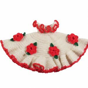 Handmade Crochet Doll Dress for 12–14” Dolls – White Flared with red roses